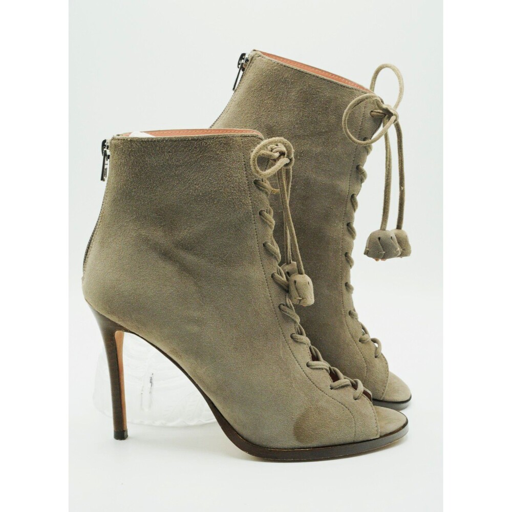Coach Lena Lux Gray Suede Lace-Up Open Toe Ankle Bootie Stiletto Heel US 8